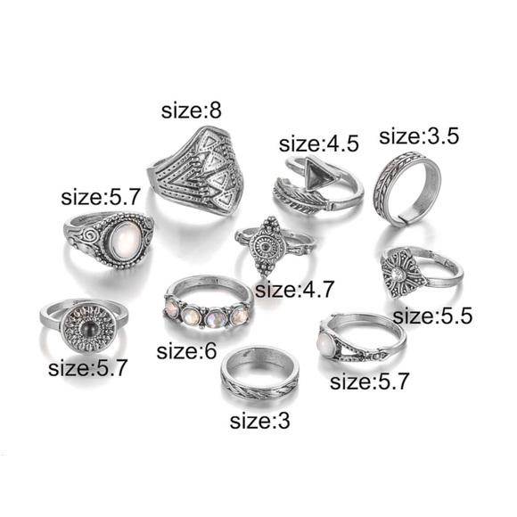 2/$20! Set of 10 Silver & Gem Boho Midi Rings - Picture 5 of 8
